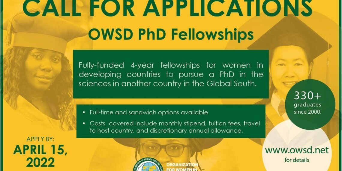 Apply Now! OWSD PhD Fellowships 2022 for Women Scientists from Science and Technology lagging Countries (Fully Funded)